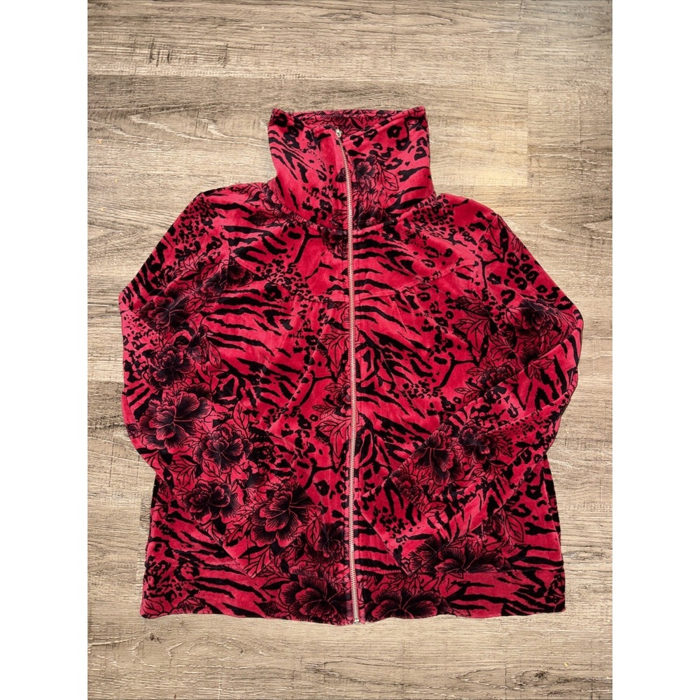 Style & Co. Sport Women's Red Floral Print Velour Look Zip Front Jacket L